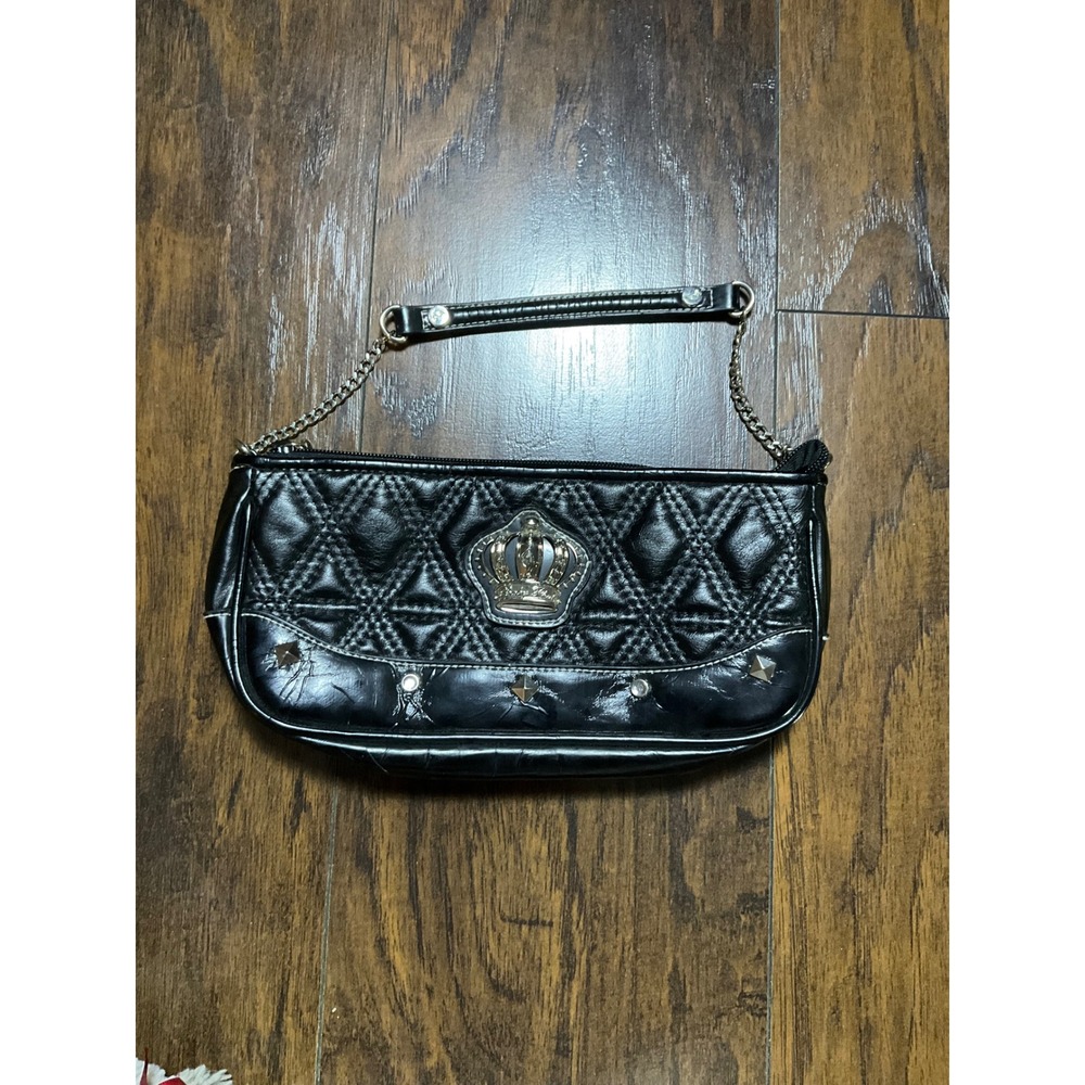 Baby Phat Vintage Y2K Black Quilted Crown Baguette Shoulder Bag Hot Pink Lining